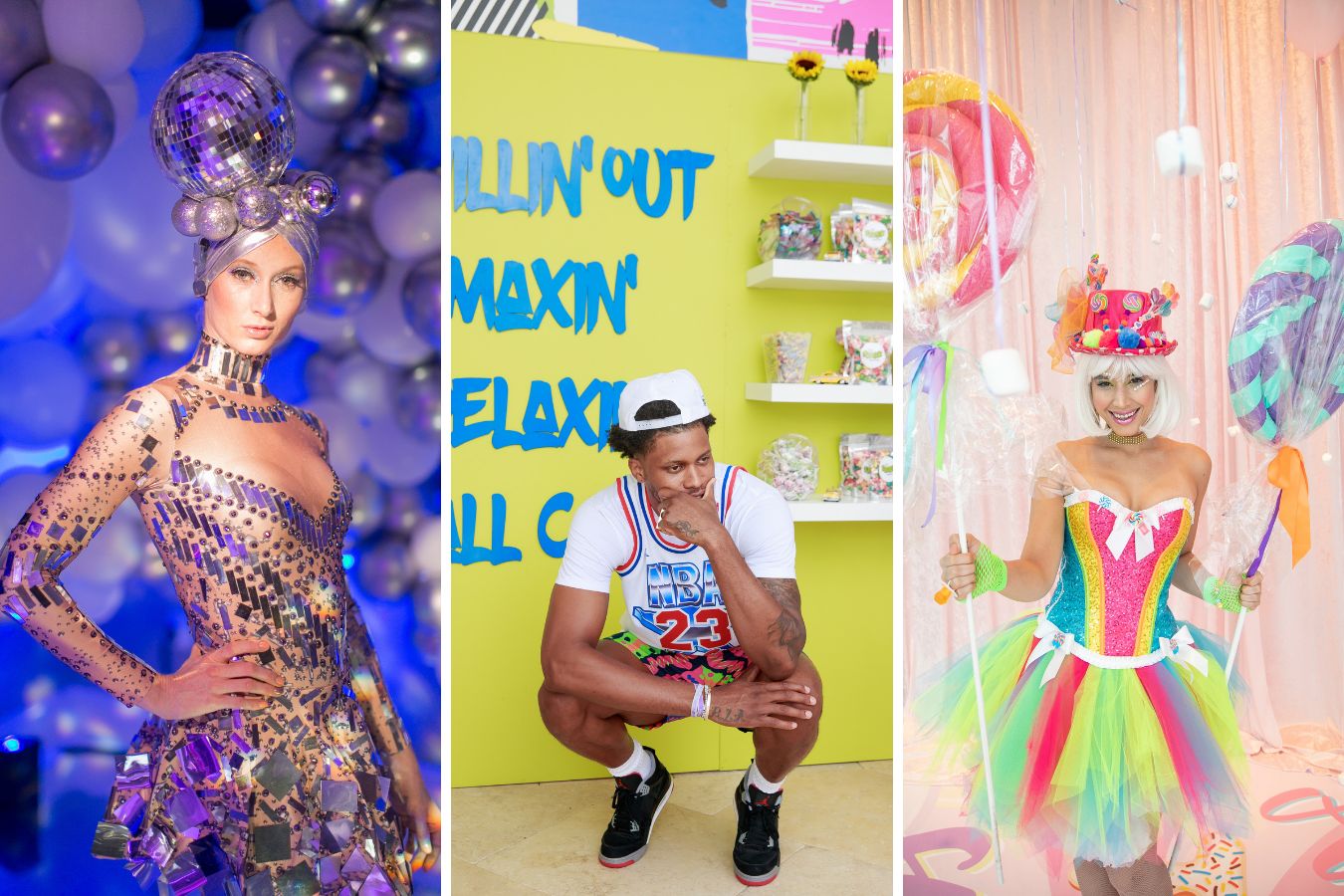 Three party themes represented from left to right: disco party theme, 90s party theme, and Candyland party theme | PartySlate