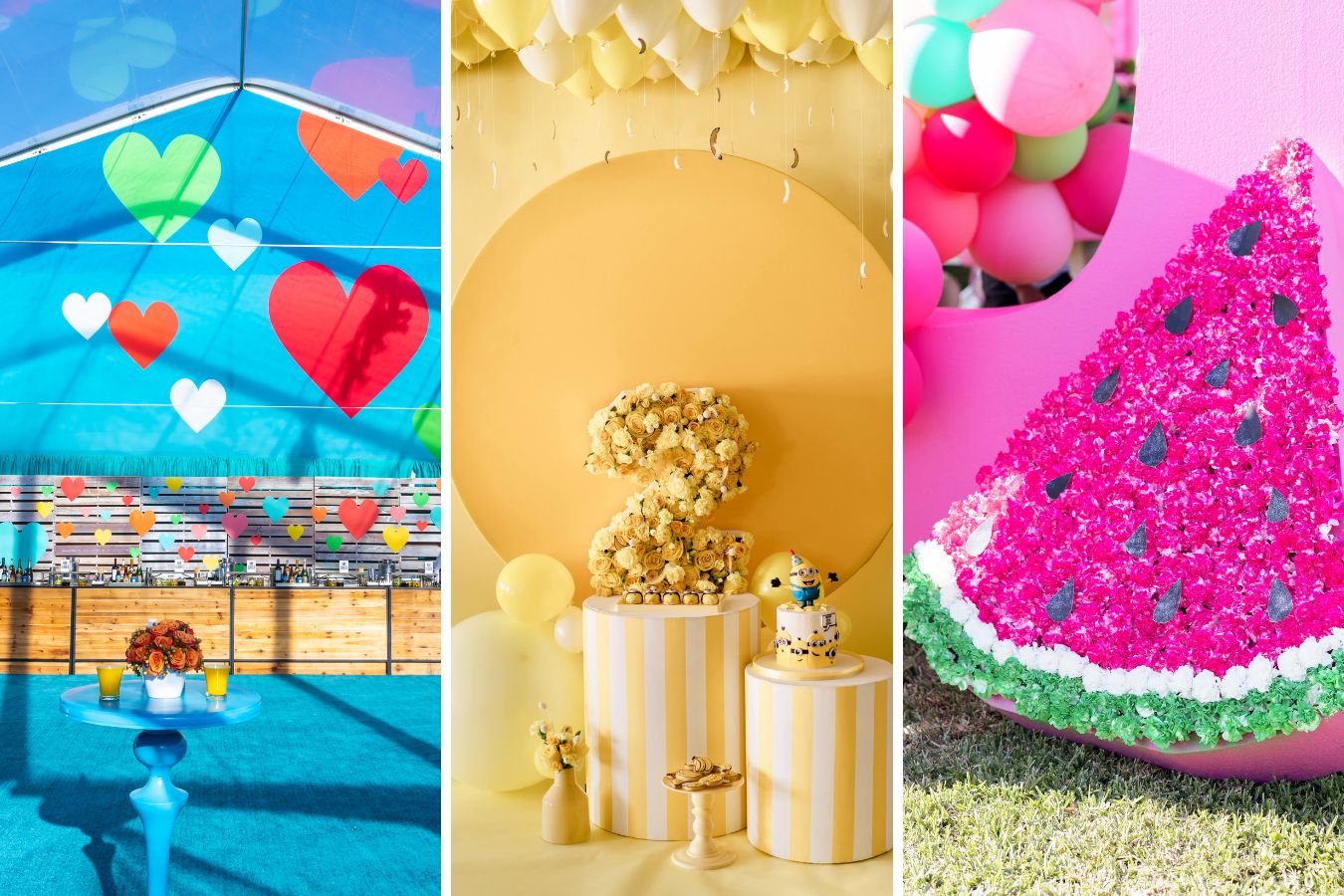 Three images of various party themes like hearts, yellow, and watermelon.