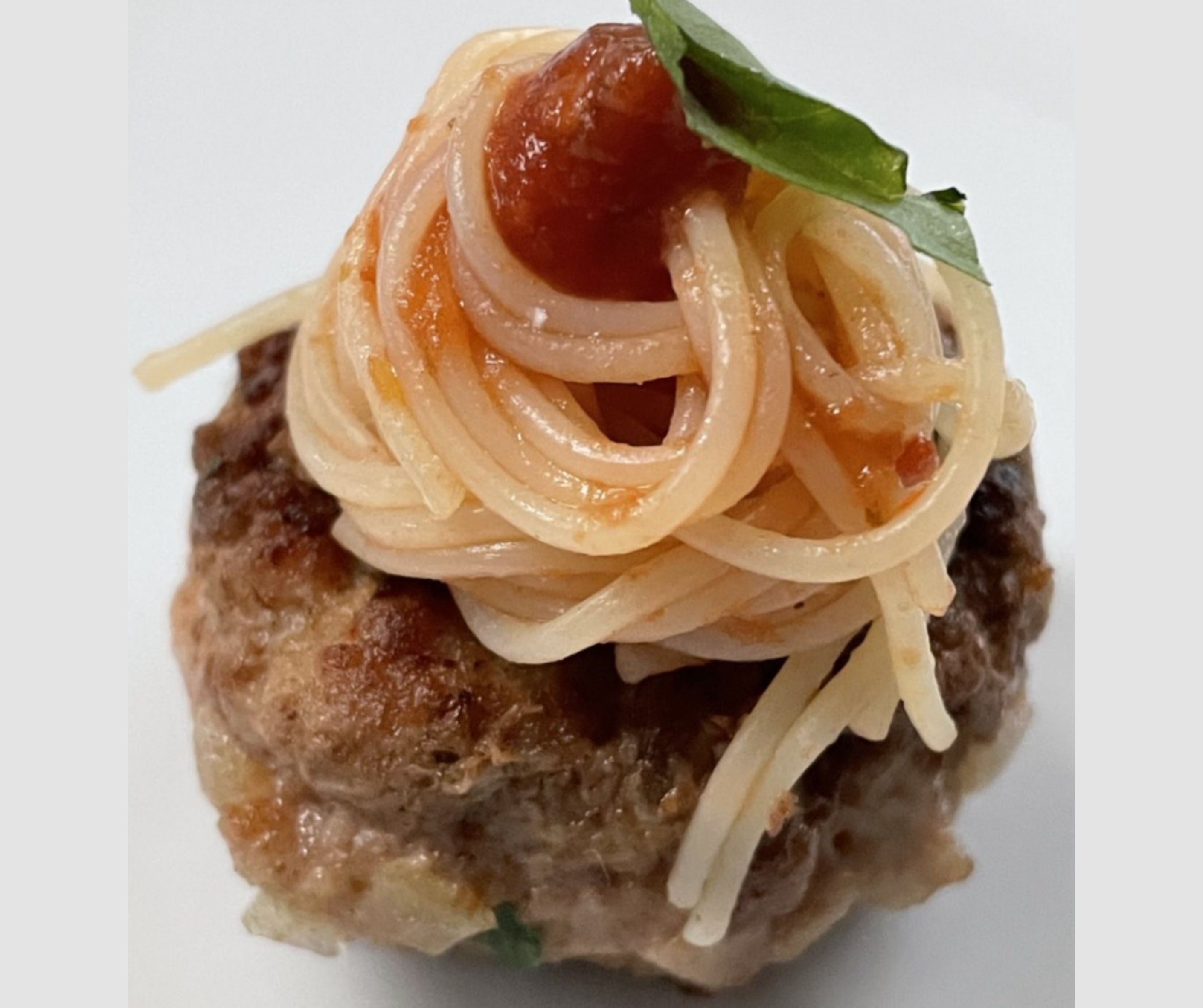 One-bite spaghetti and meatballs appetizer