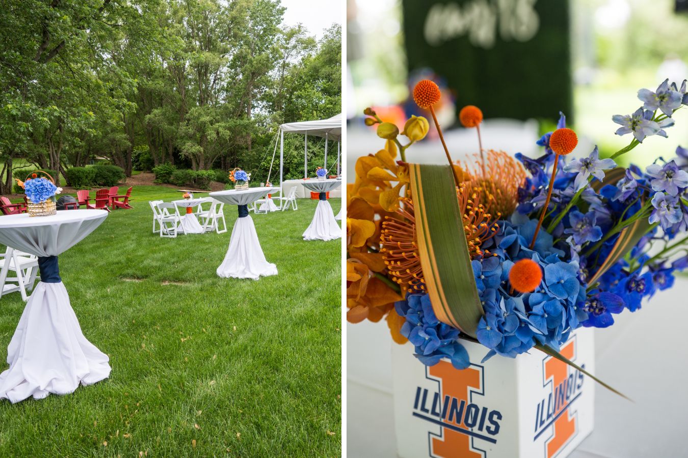 Orange and blue themed graduation party with floral centerpieces | PartySlate