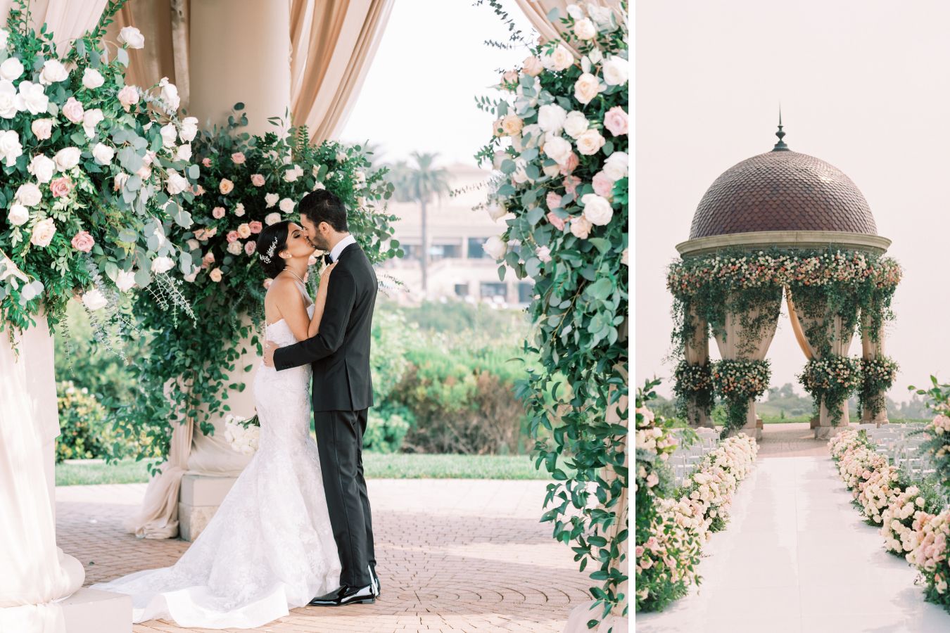 Romantic wedding ceremony beneath floral gazebo at the Resort at Pelican Inn | PartySlate
