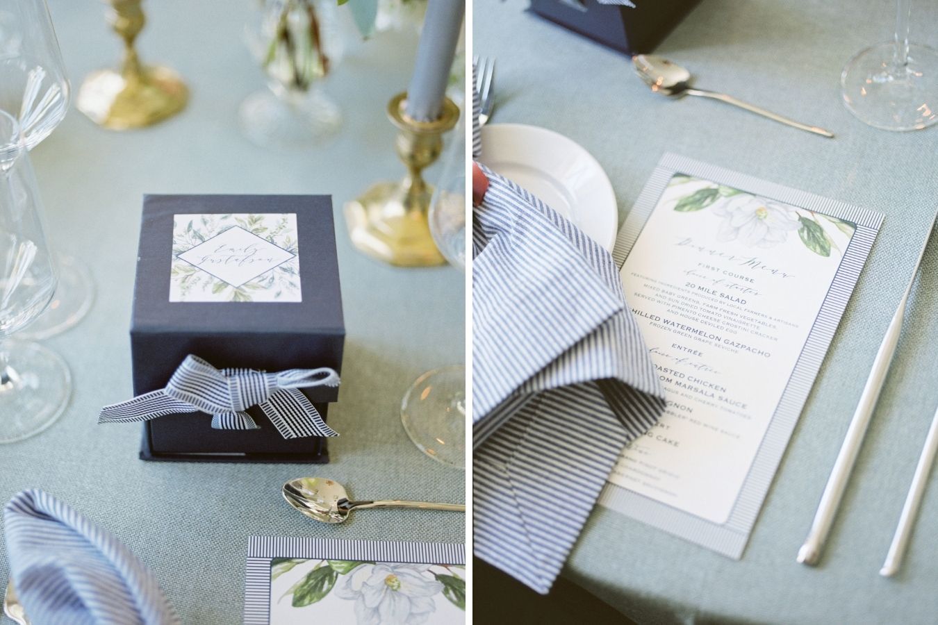 Blue wedding reception table with blue and white stripped linen and blue party favor box with a blue and white striped bowtie | PartySlate
