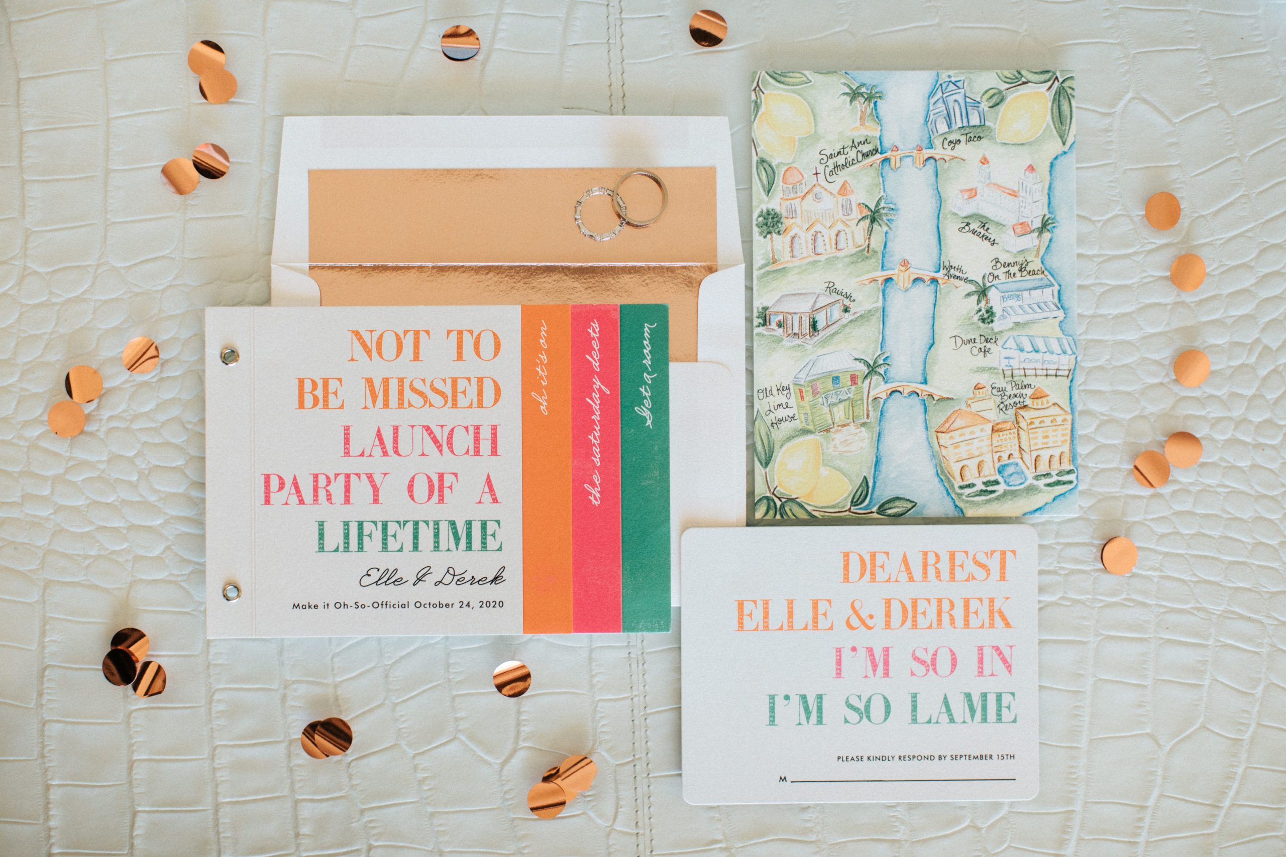 Tropical wedding invitation suite with peach and aqua colors | PartySlate