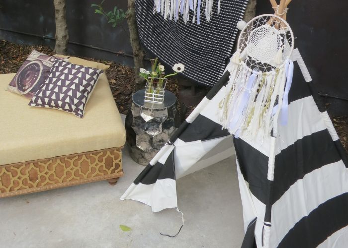 Black and white striped tent