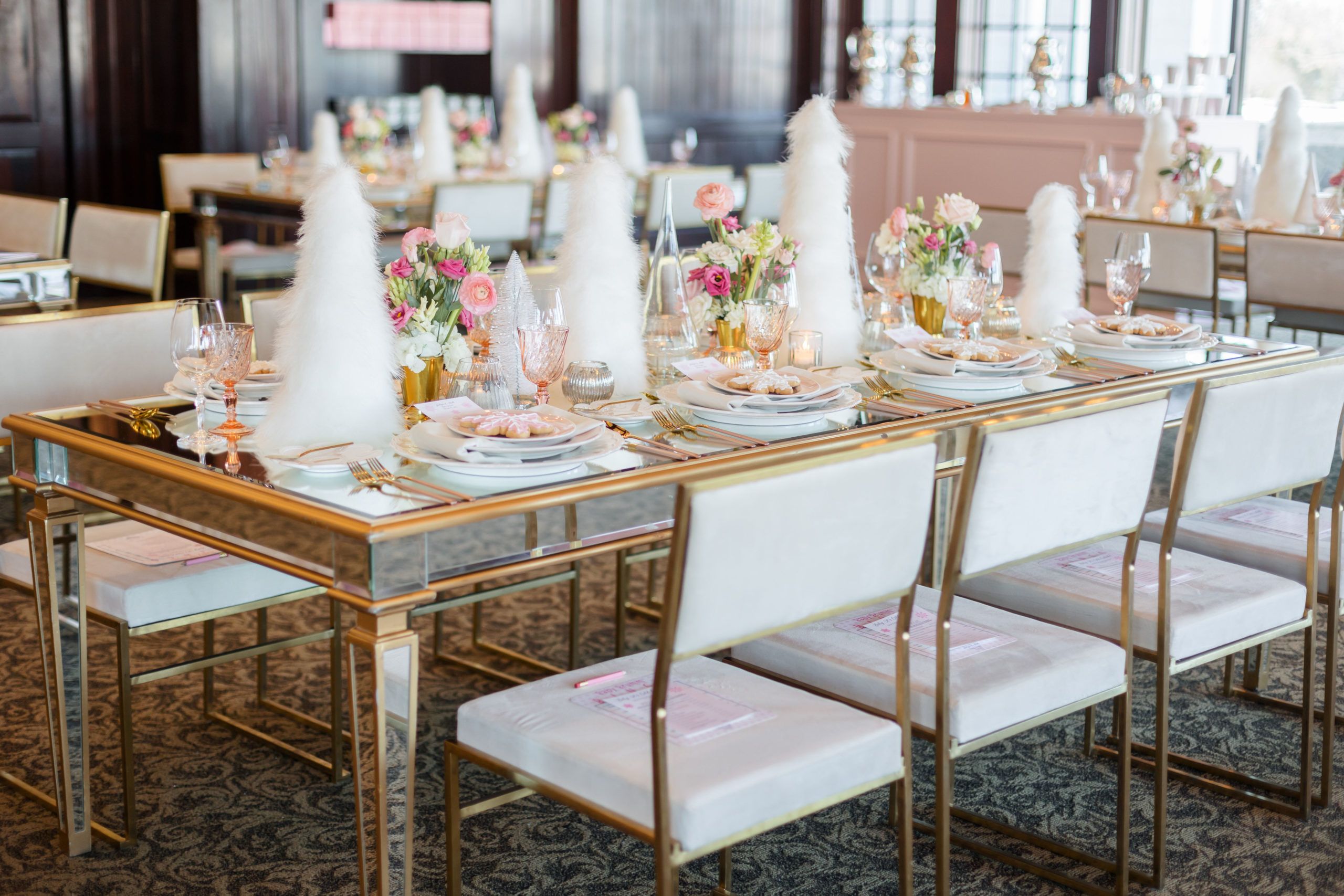 Winter baby shower with snowy evergreen tree table décor | PartySlate