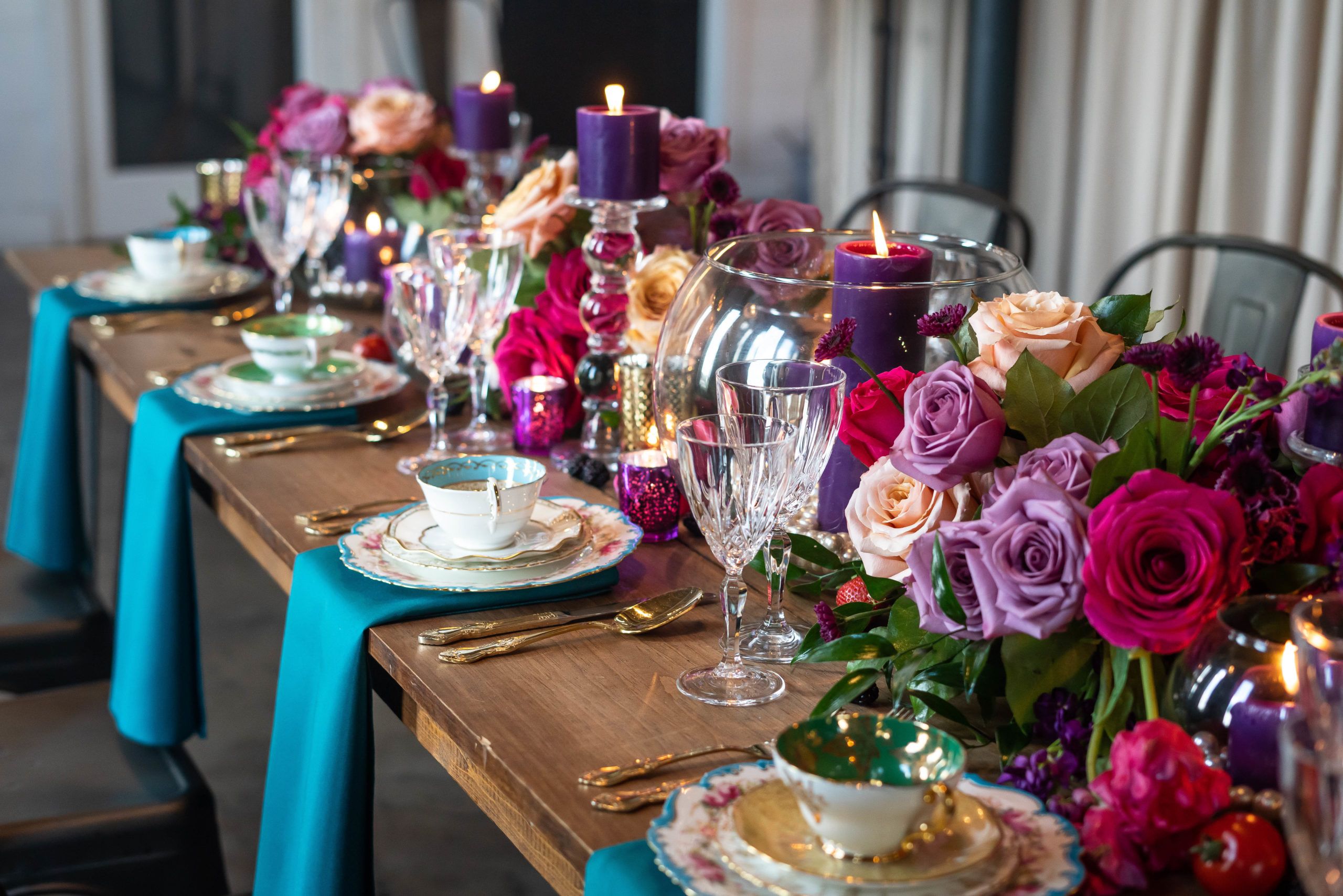 Jewel-toned garden baby shower tablescape | PartySlate