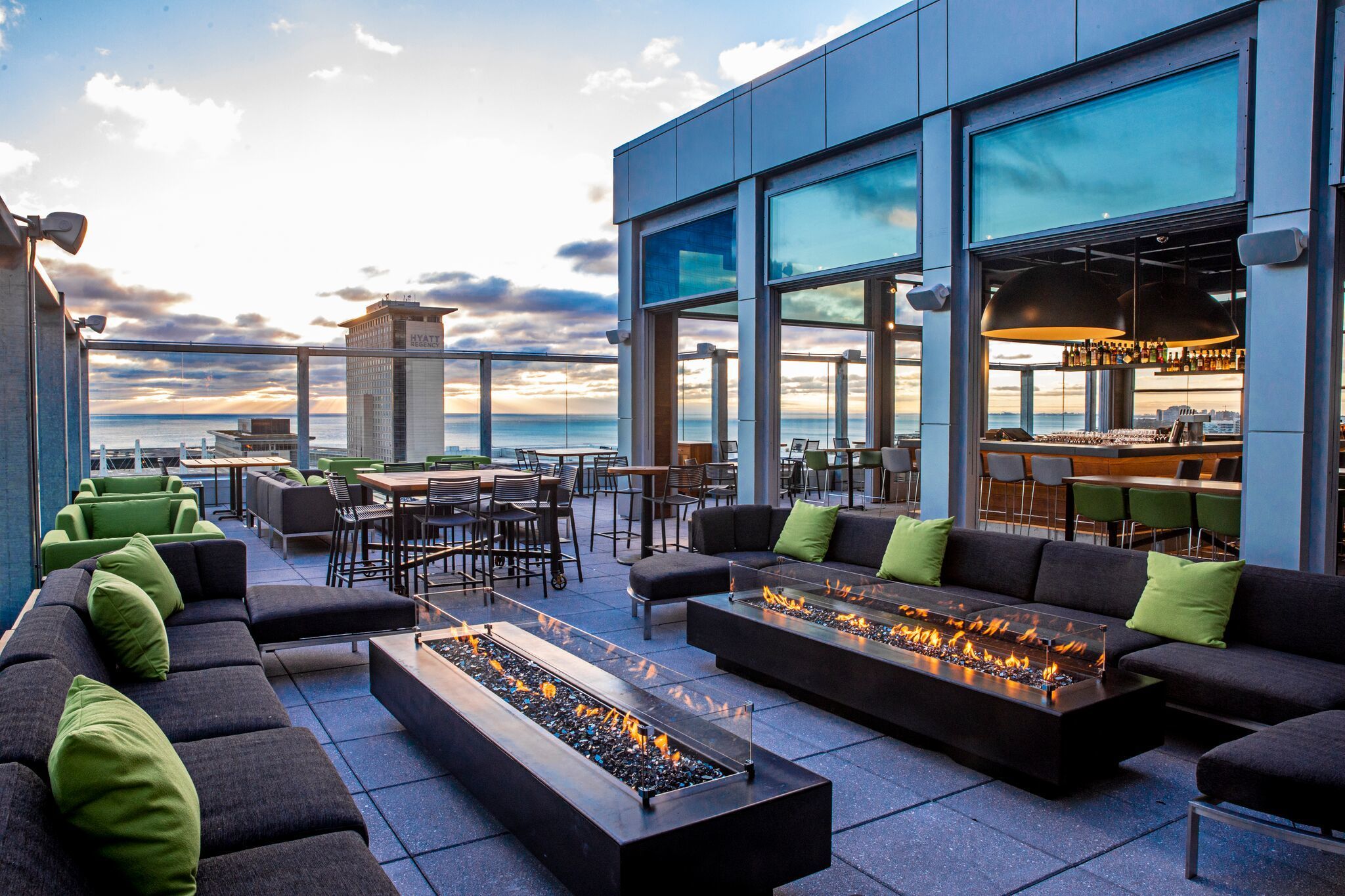 Rooftop lounge with bonfires