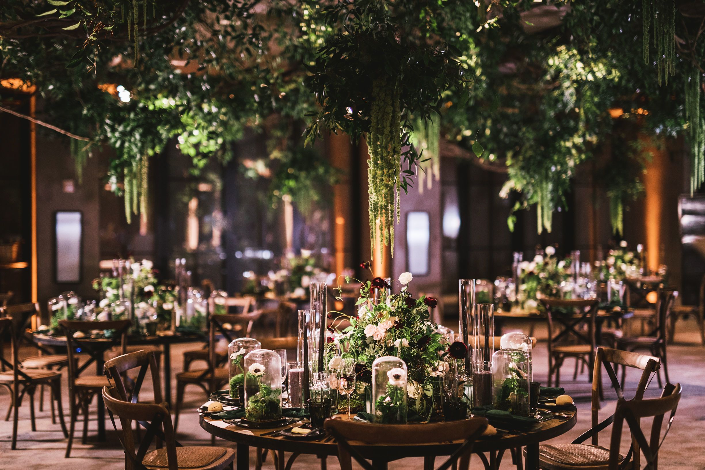 Wedding with cloche jar centerpieces, tree tops, and lavish greenery | PartySlate