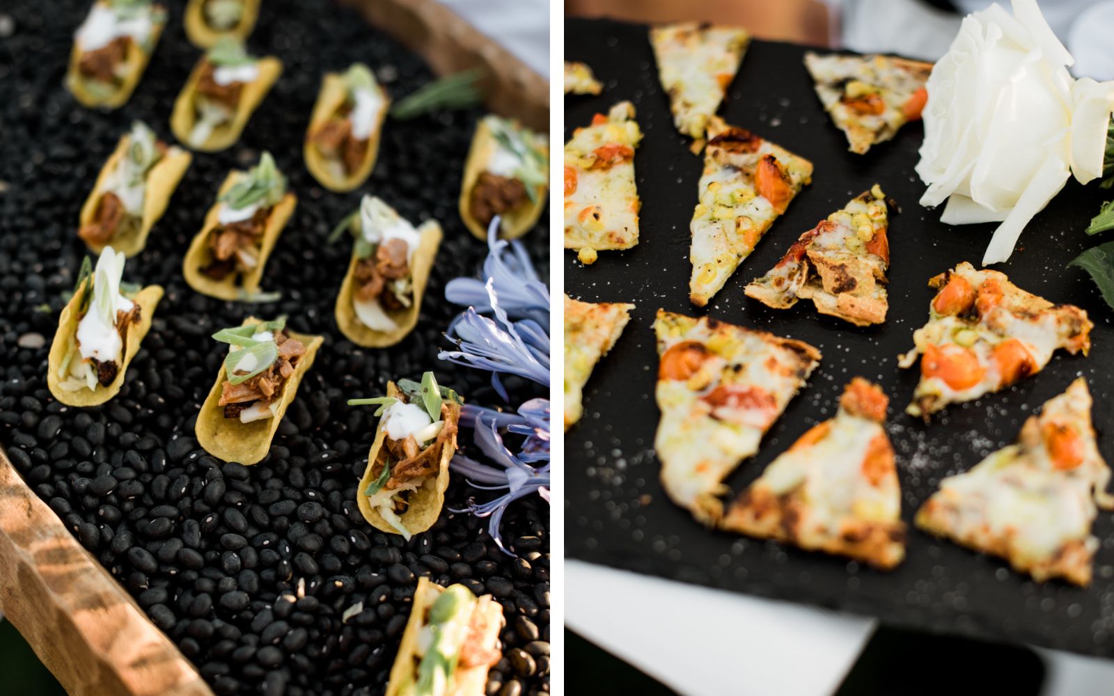 Mini tacos and pizza slices.