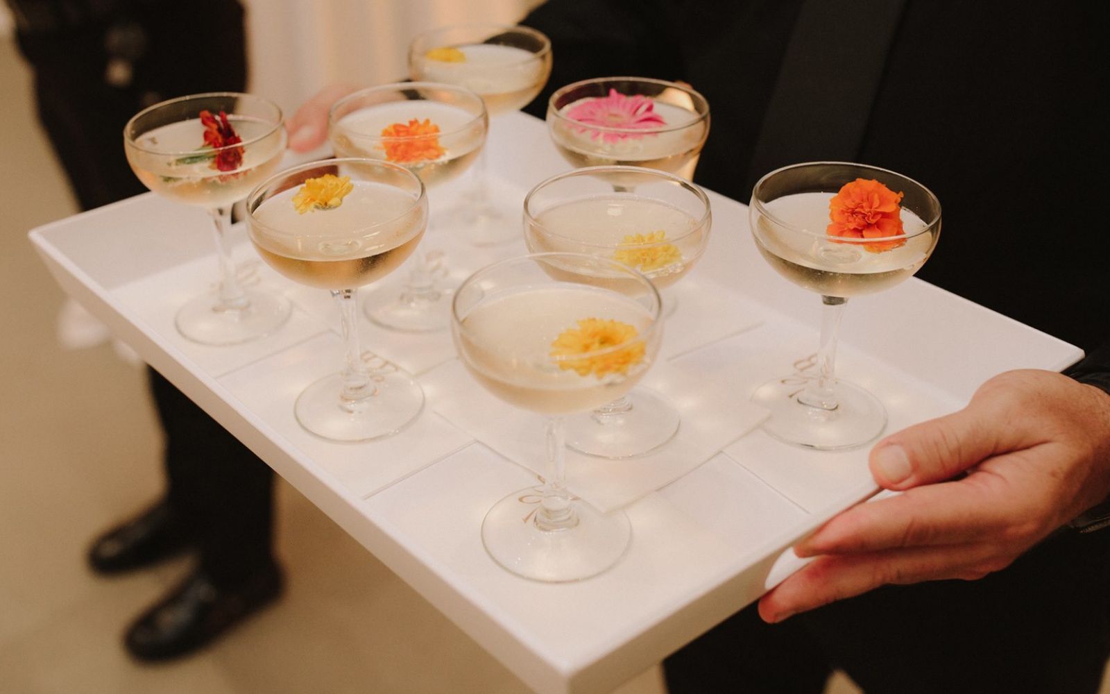 Floral garnishes on cocktails.