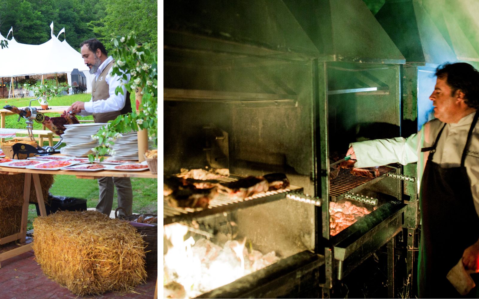 Live prosciutto-carving station and grilling station at a party.