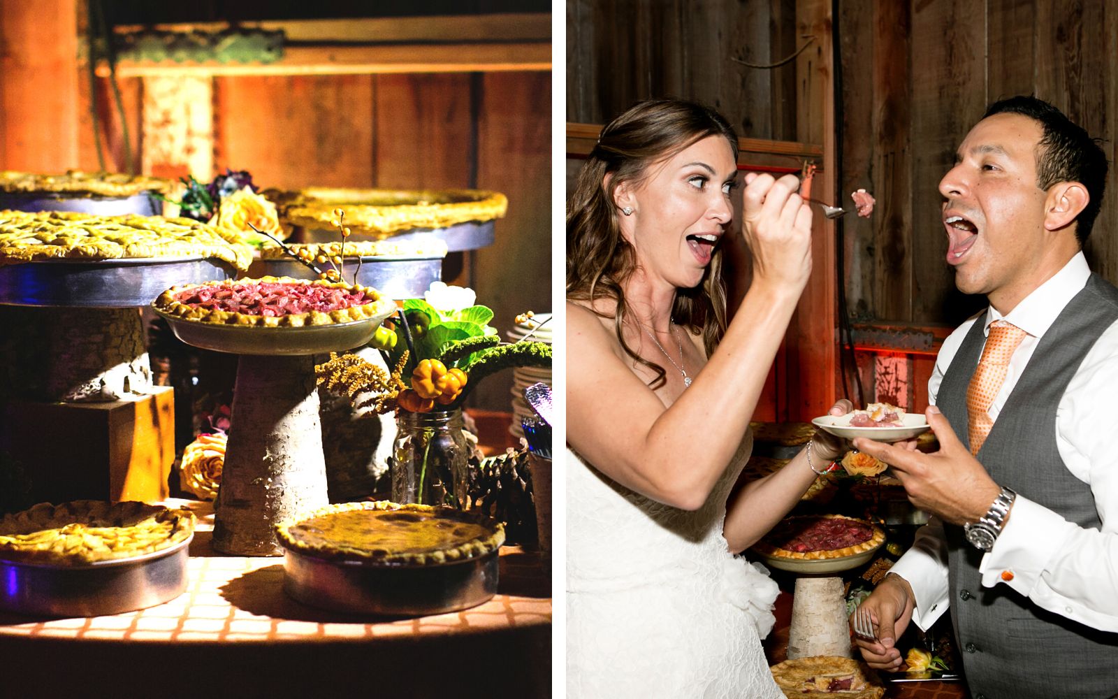 A buffet of pies and a bride feeding a bite to the groom.