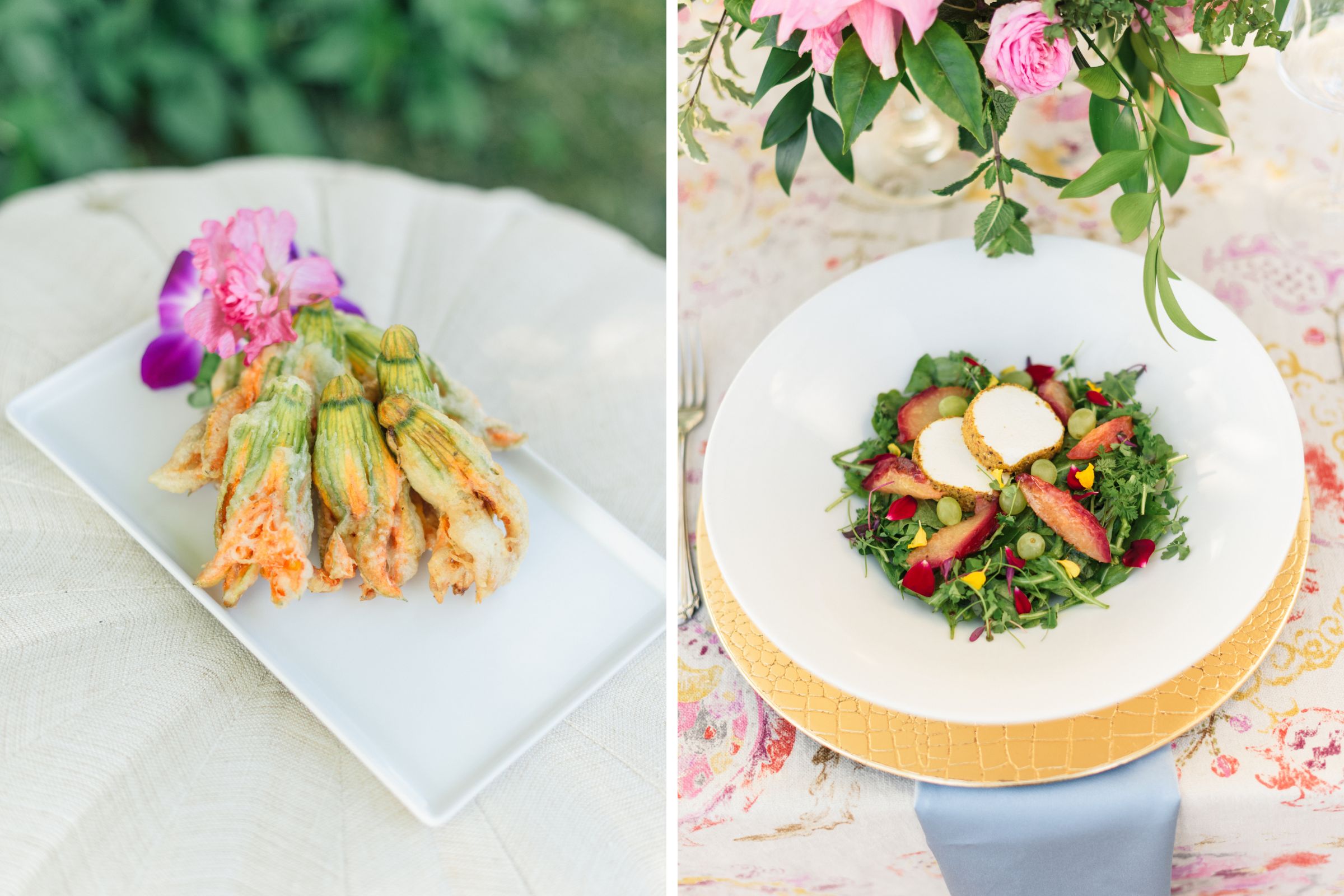 Fried squash blooms and a salad with goat cheese and strawberries.