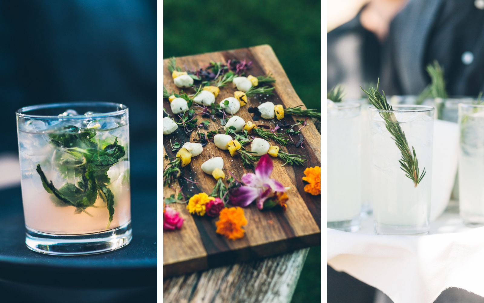 Cocktails with fresh herb garnishes.