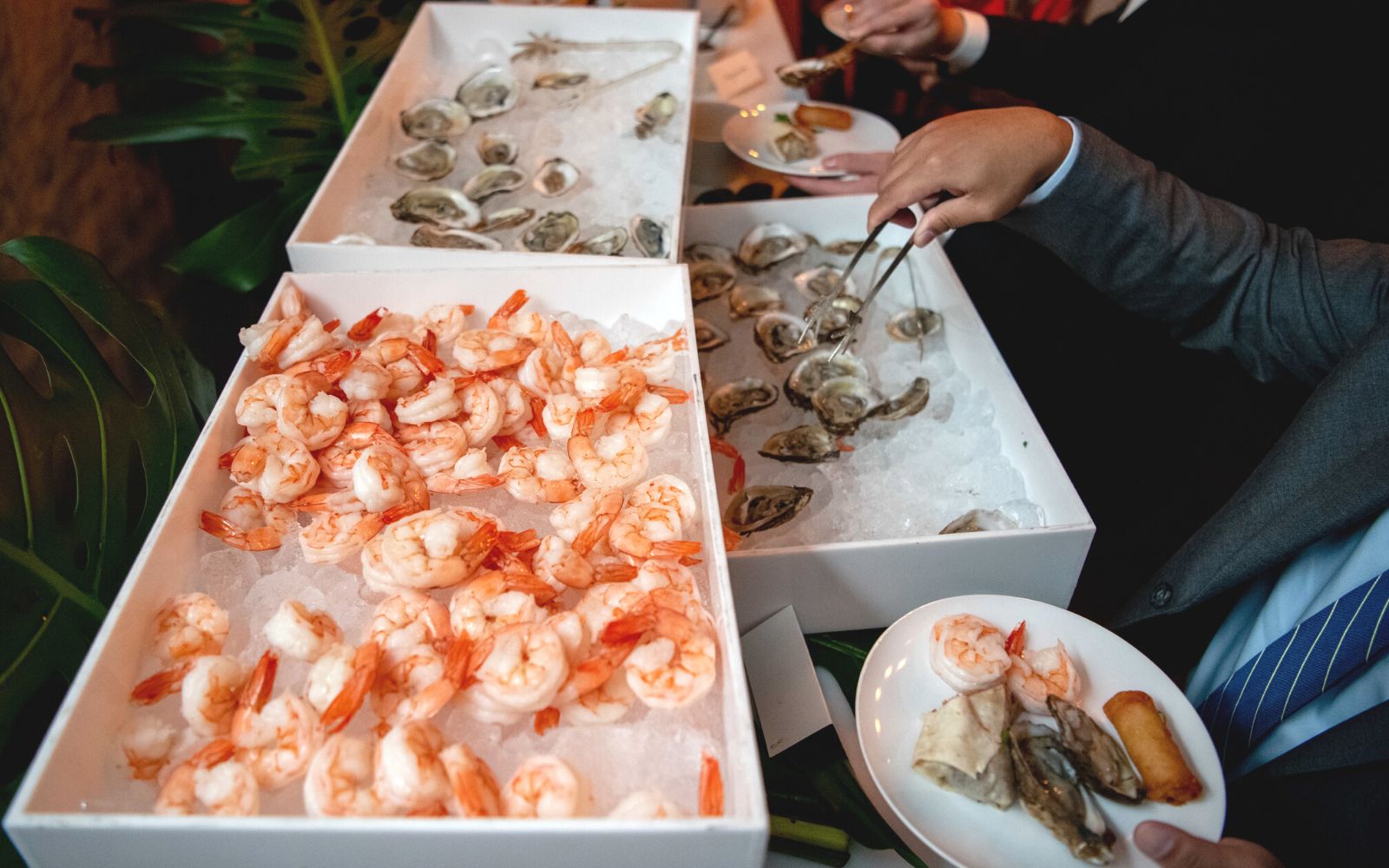 A seafood bar with shrimp and oysters.