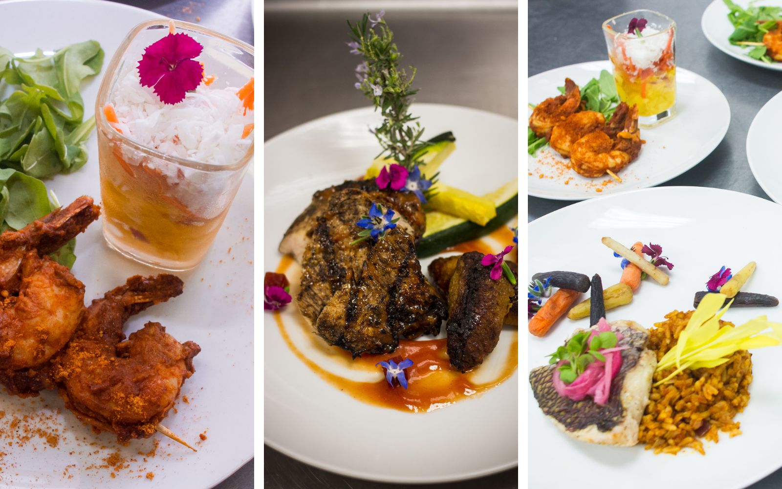 Dinner servings with edible flowers as garnishes.
