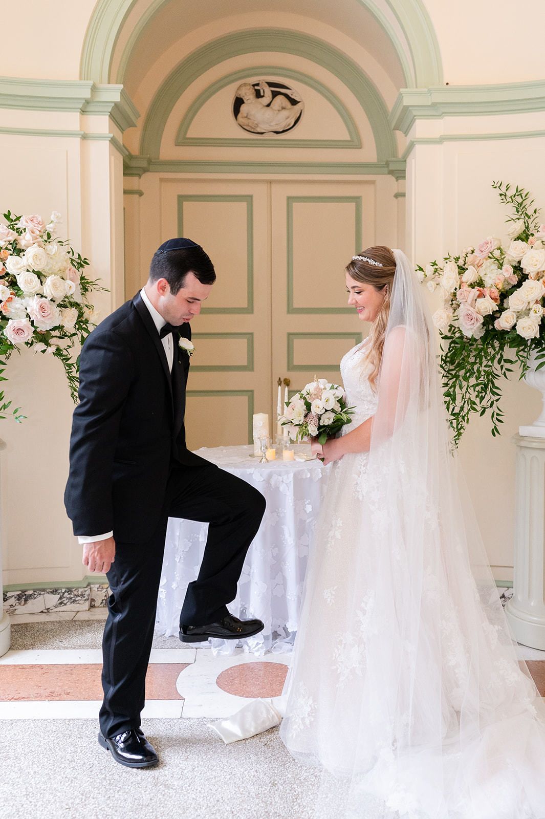 A bride and groom at their wedding.