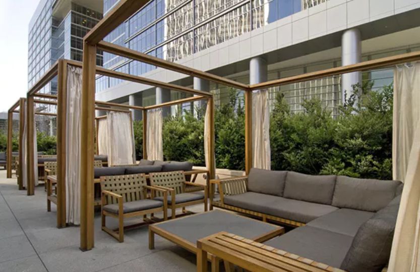 outdoor patio with Chic and contemporary cabañas at Craft Los Angeles | partySlate