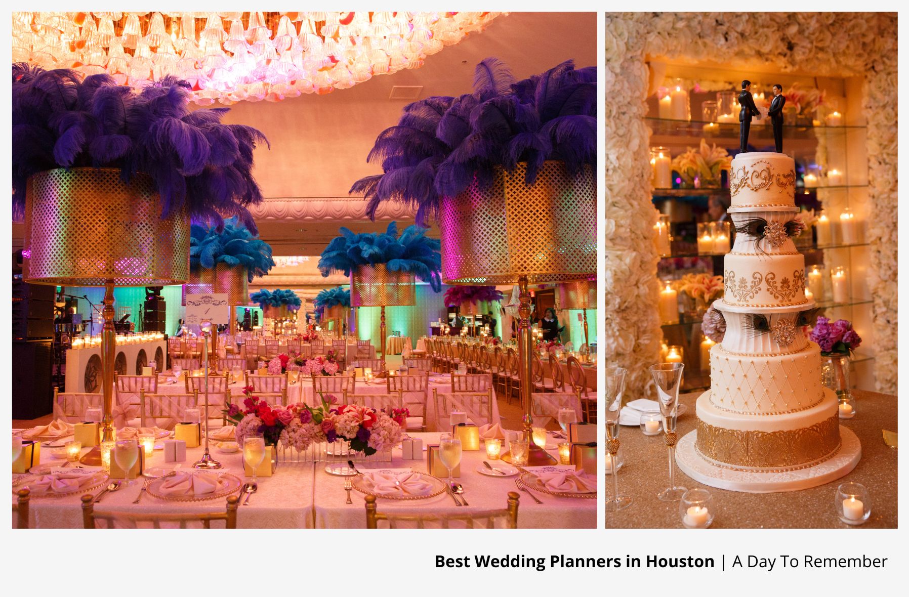 Wedding reception with purple feather décor