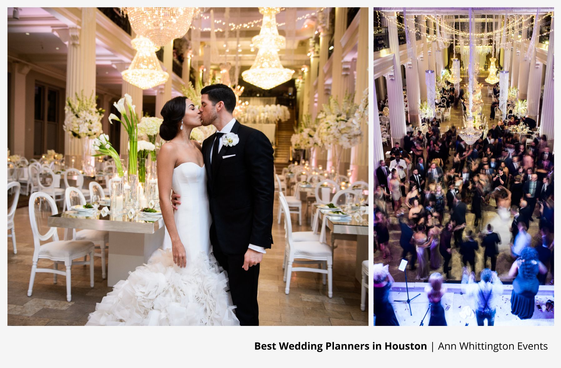 Bride and groom share a kiss at their reception