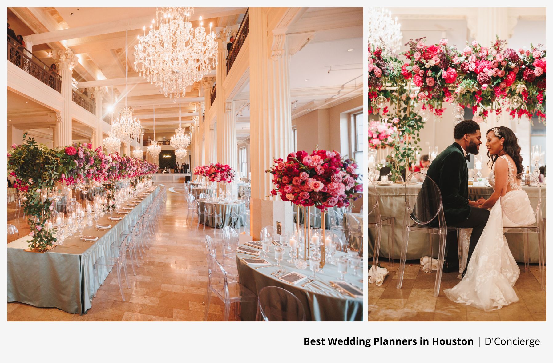 A wedding reception with pink florals