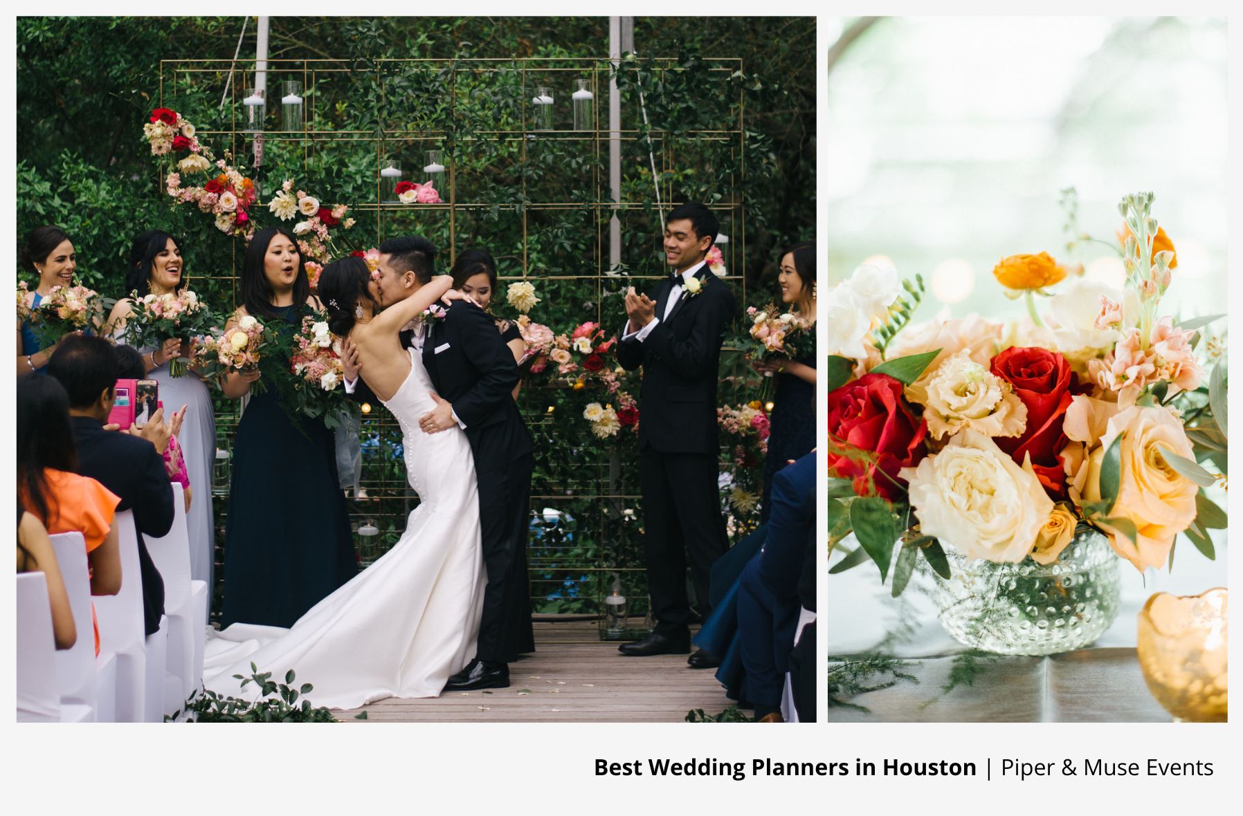 Bridge and groom share their wedding kiss amongst red and orange florals