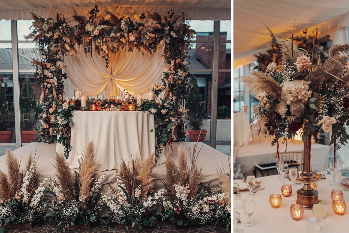 Boho tall wedding centerpiece with autumn hues | PartySlate