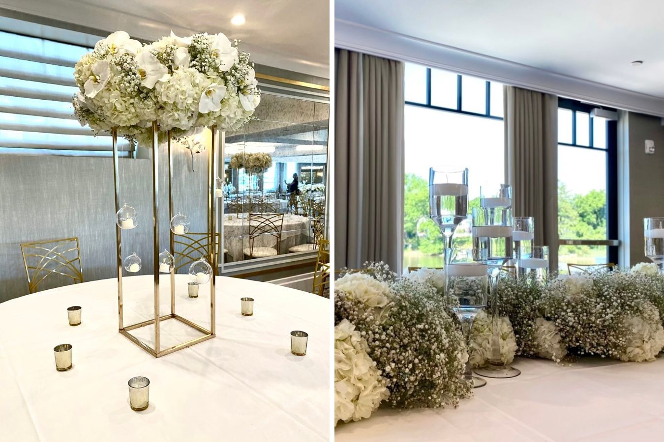 Tall gold metal centerpiece with white hydrangea top | PartySlate