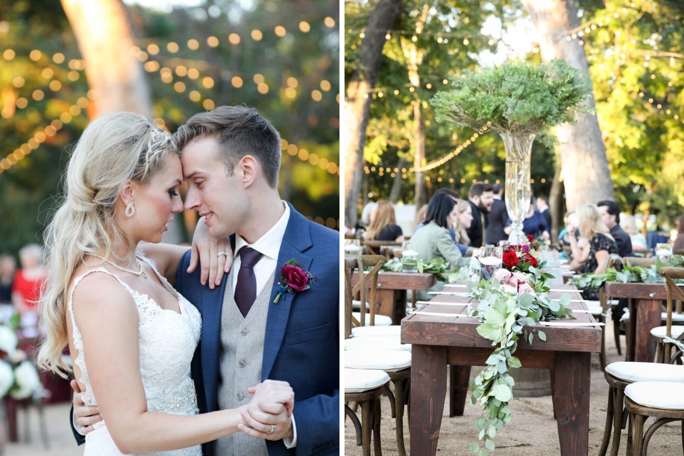 rustic tall wedding centerpieces with greenery at outdoor reception | PartySlate
