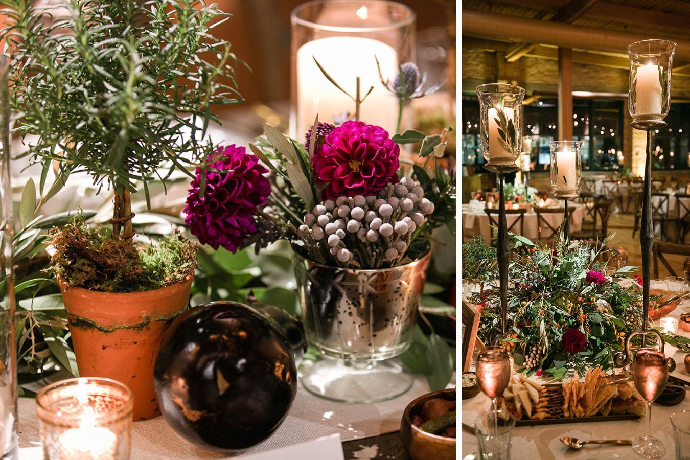 Rustic wedding with tall candle holder centerpieces, potted plants, and pink blooms | Partyslate
