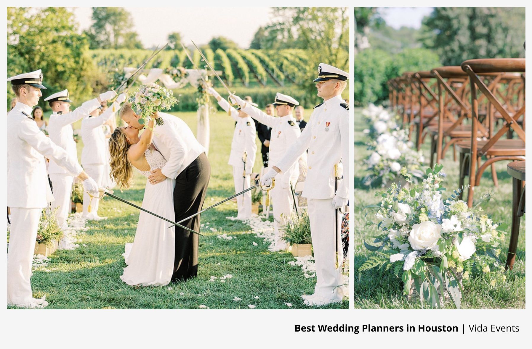 Bride and groom share first kiss in vineyard