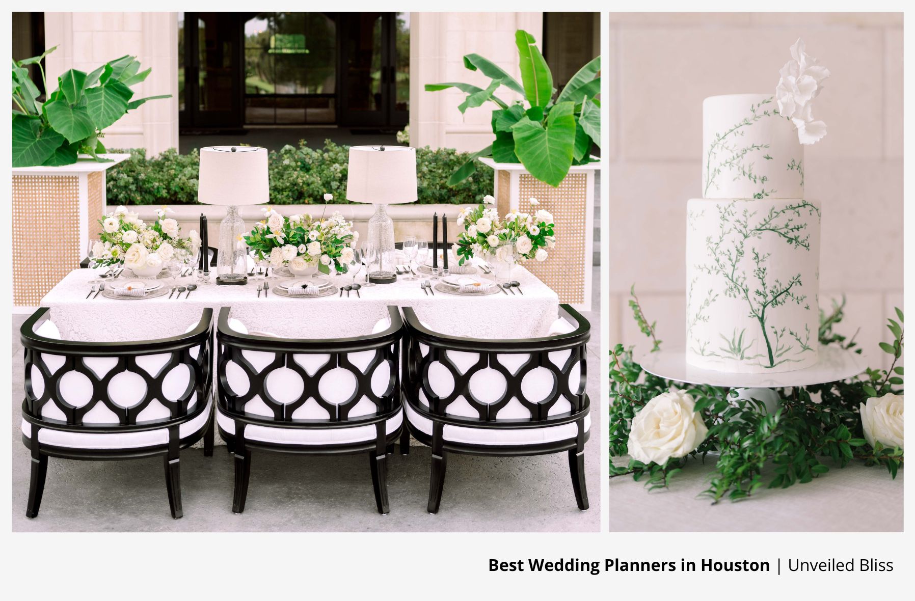 A wedding cake that matches the greenery detailing of the reception