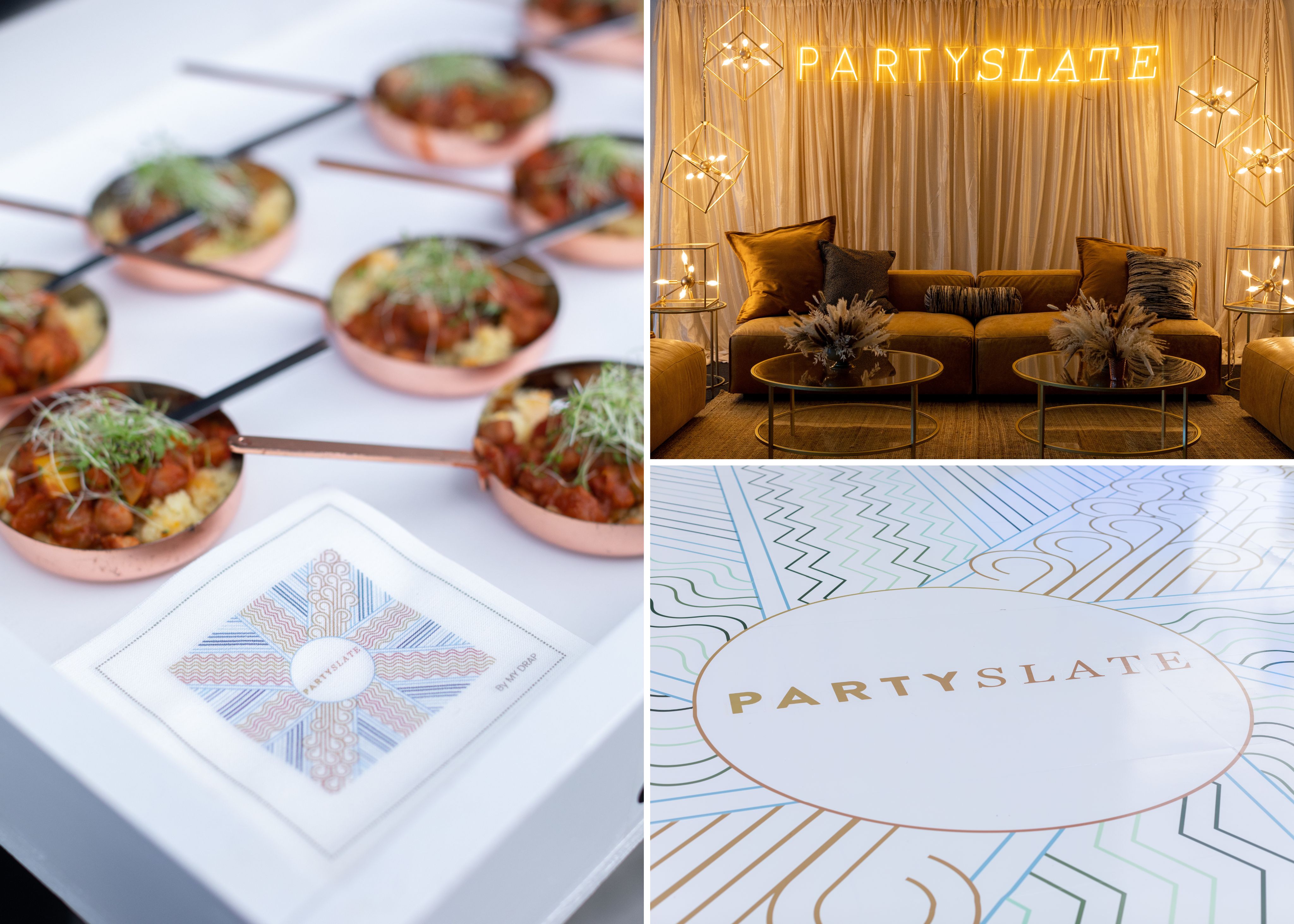 Corporate branding in forms of napkins, dance floors, and signage.