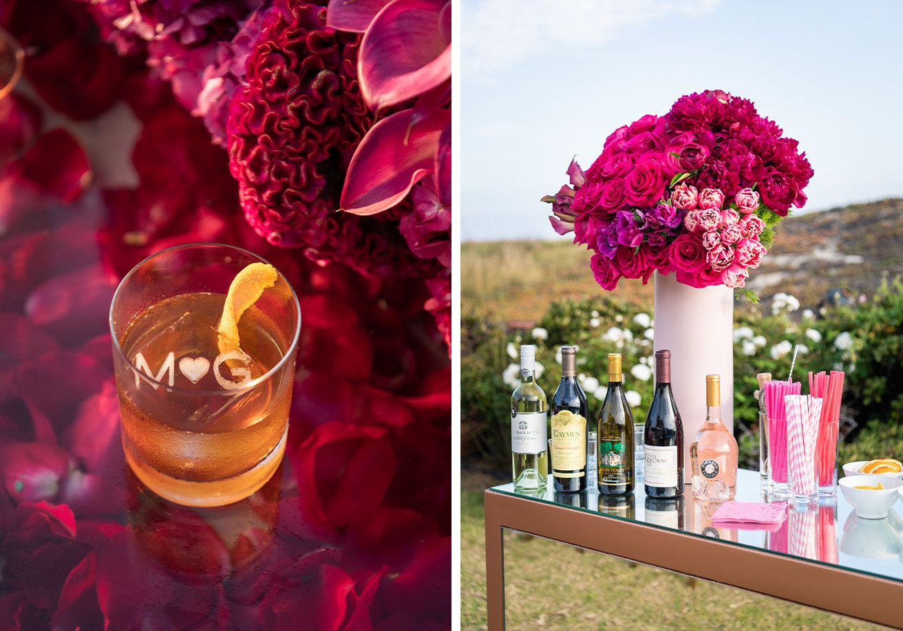 Left image is personalized ice in a cocktail and right is of magenta flowers