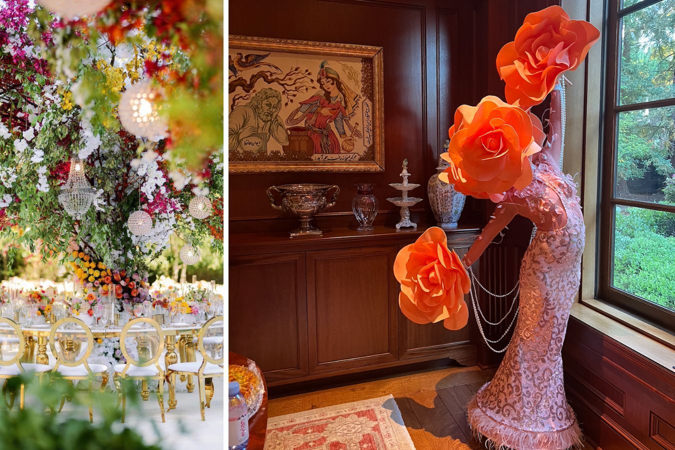 Wedding party with floral performers from Kikimora Studio, a Miami entertainment company.