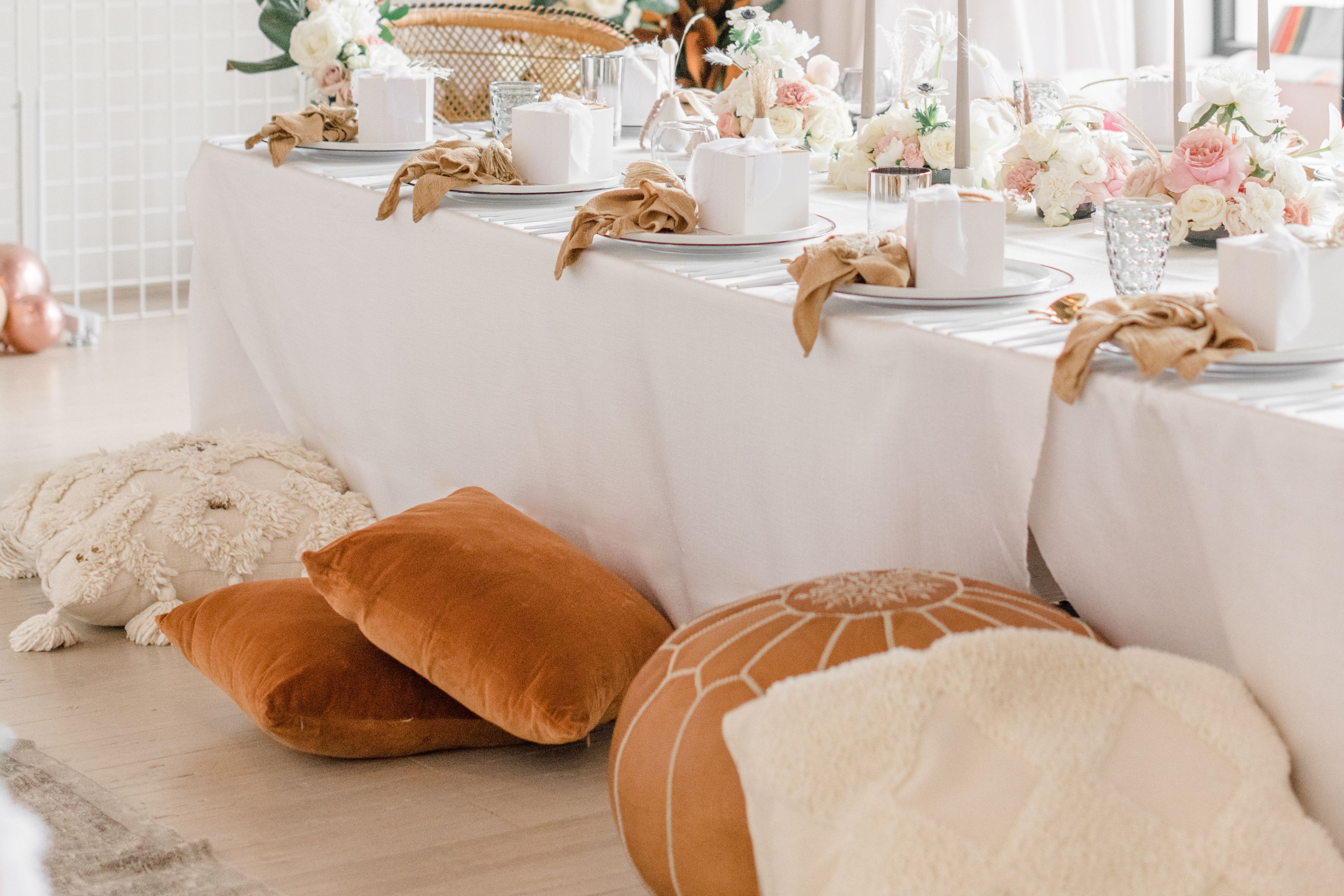 Orange floor poof seating