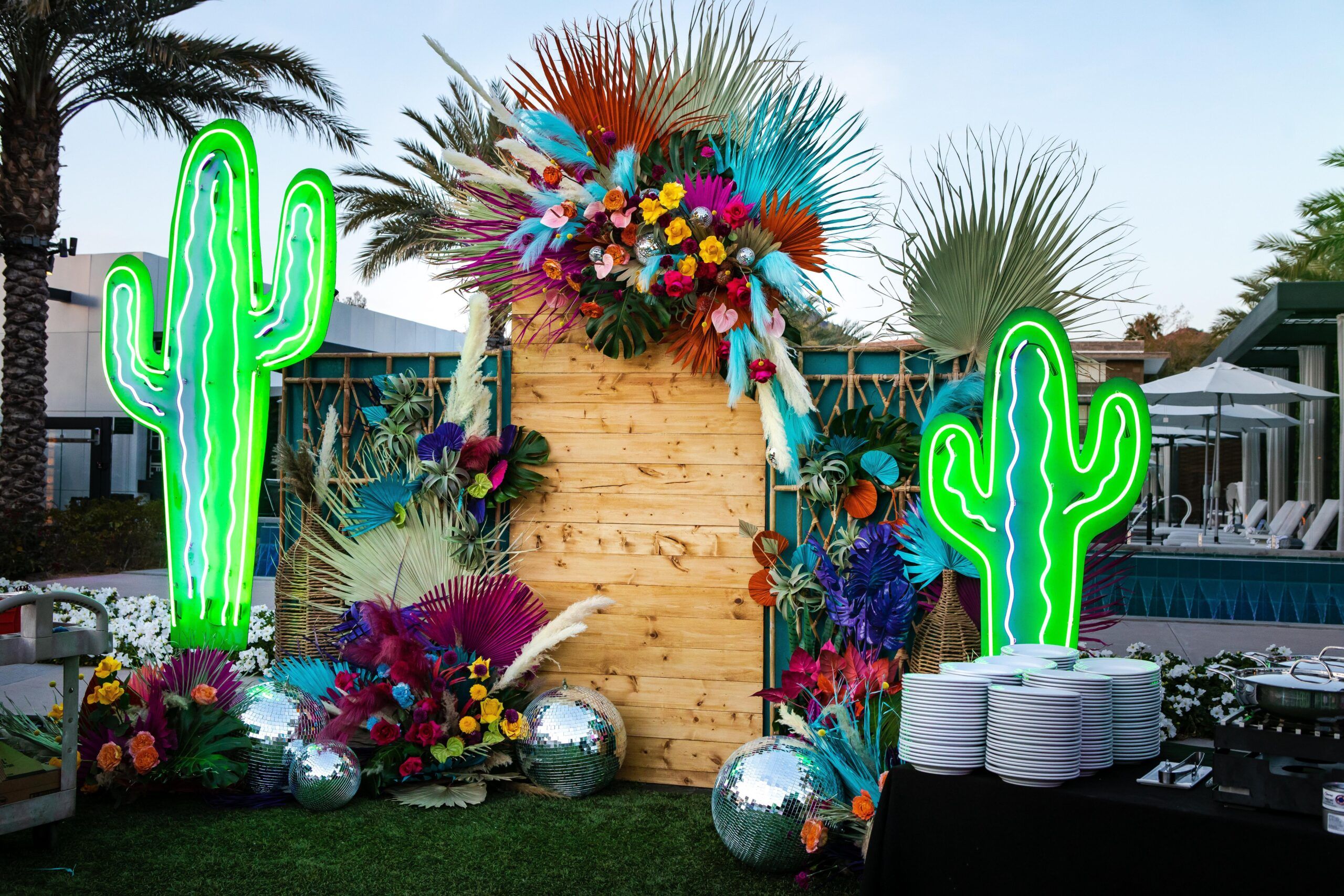 Neon Cactus décor for company summer party ideas.