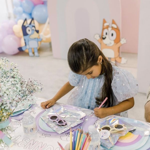 Kid's custom coloring tablecoths at kid's birthday party