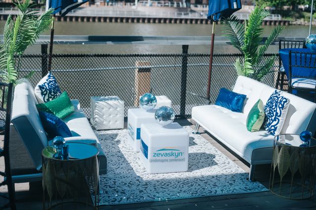 Featured photo from Celebrate This Product Launch at Music Box with Custom Branded Installations and Blue Tablescape Design