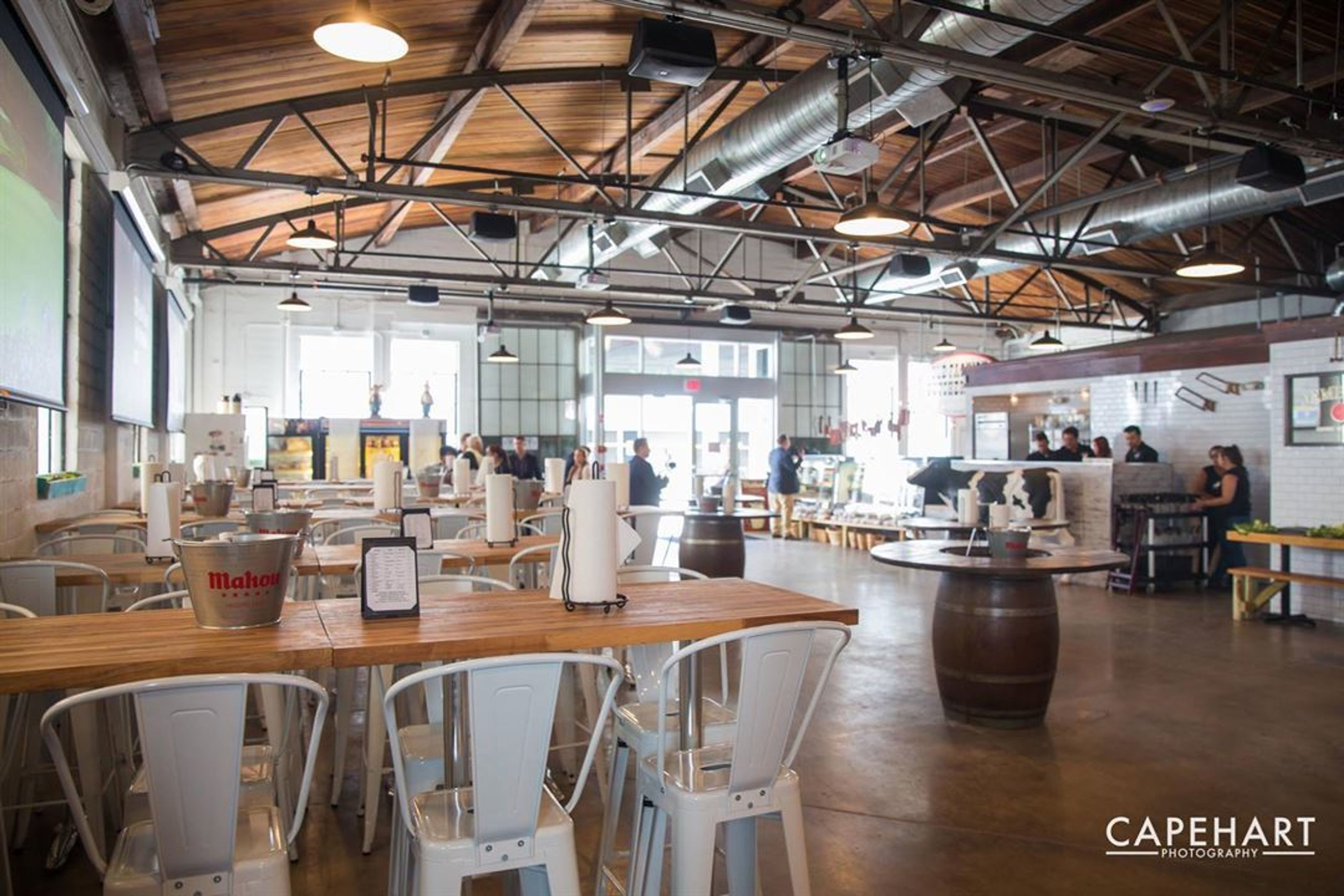Inside, an event space at The Butcher Shop & Beer Garden